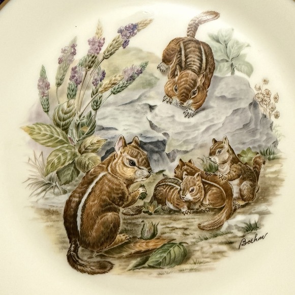 Vintage Lenox Plate Boehm WOODLAND WILDLIFE Easter Chipmunks  24k Gold trim '76 - Picture 2 of 10